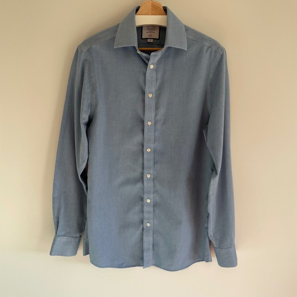 Charles‎ Tyrwhitt Slim Fit Blue Checkered Non Iron Mens Dress Shirt Size 39 15.5